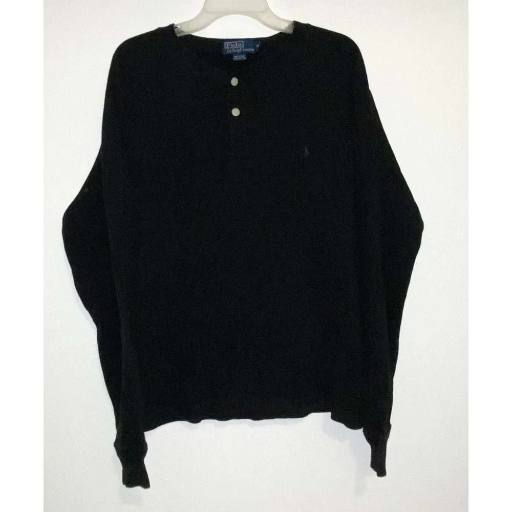Polo Ralph Lauren Mens Black Cotton Long Sleeve Henley Shirt Vintage Size M